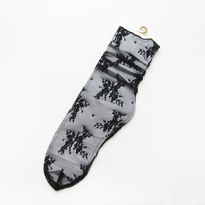Spring And Summer New Women's Socks Sweet Japanese Solid Color Big Flower Hollow Stockings
