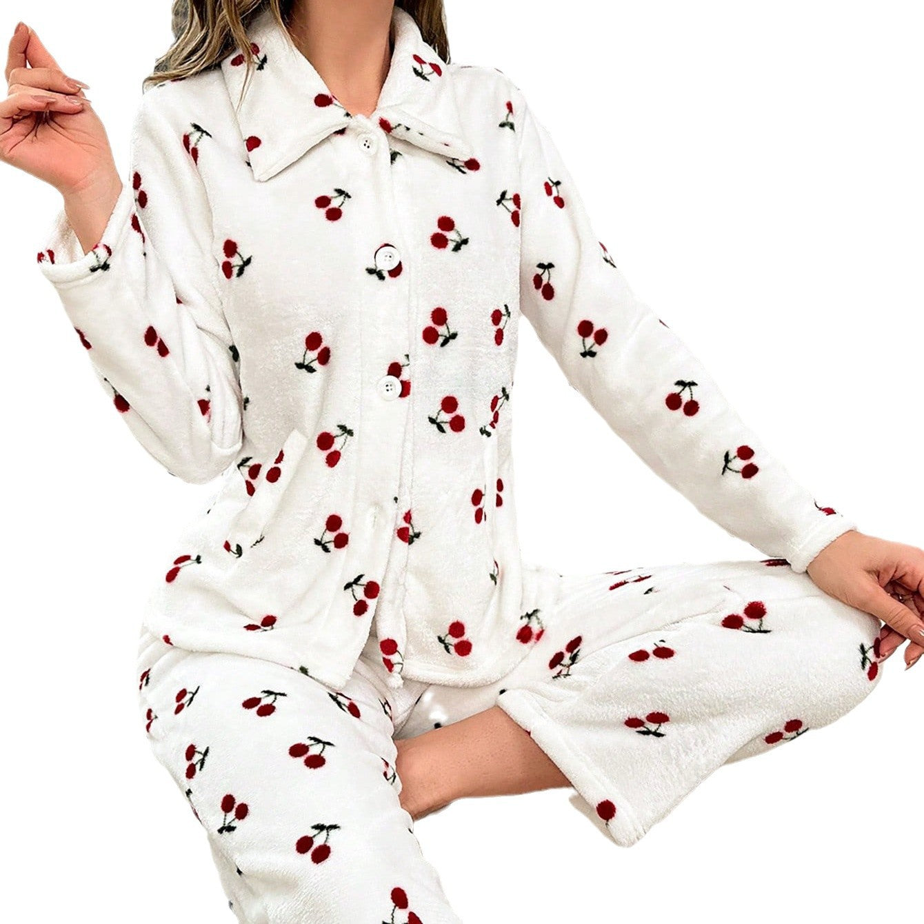 Casual Home Cherry Pattern Long Sleeve Pants Two-piece Set