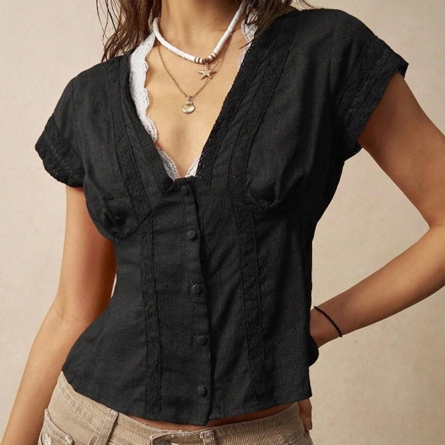 Retro Artistic Slim Fit Womens Short Sleeve Top