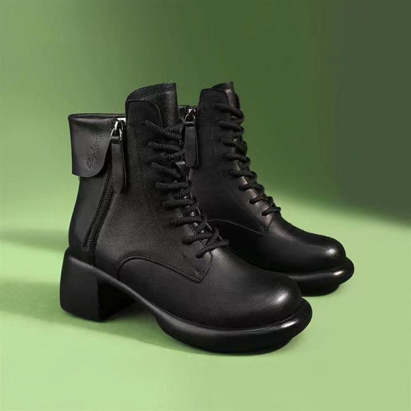 Womens Autumn Chunky-Soled Fashionable All-Match Vintage Leather Boots