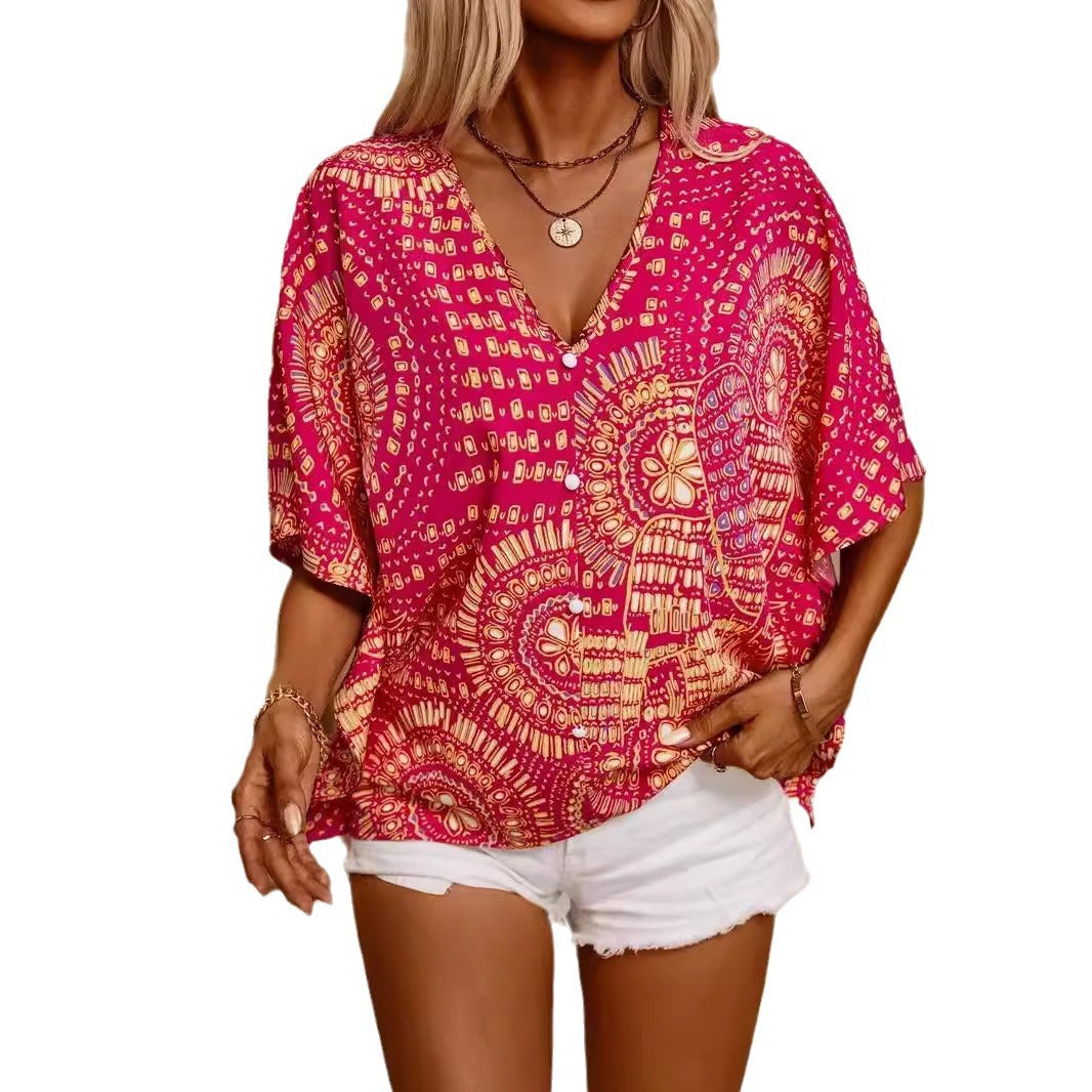 European And American Leisure Shirt New V-neck Printed Vacation Style