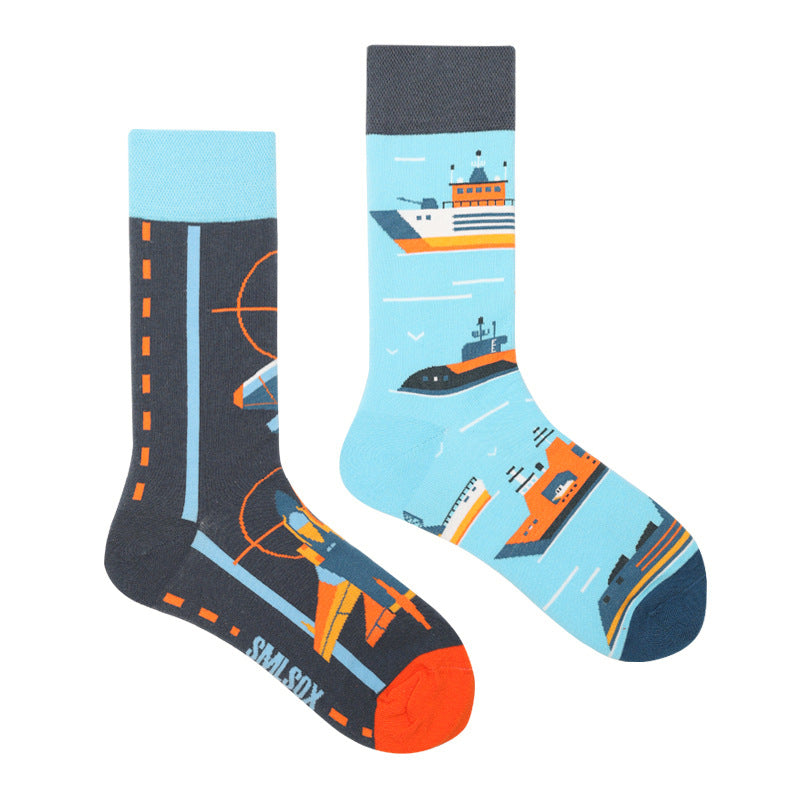 Asymmetrical Color Retro Personality Male And Female Couple Mid-length Cotton Socks