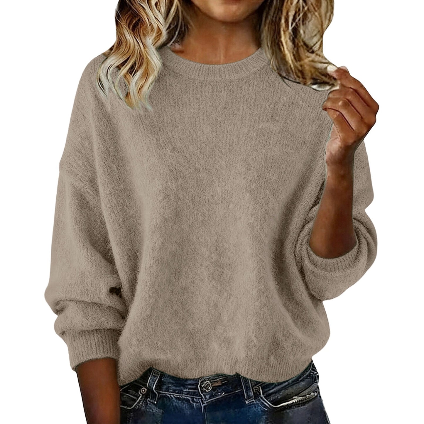 Fashionable Crew-neck Solid-color Sweater