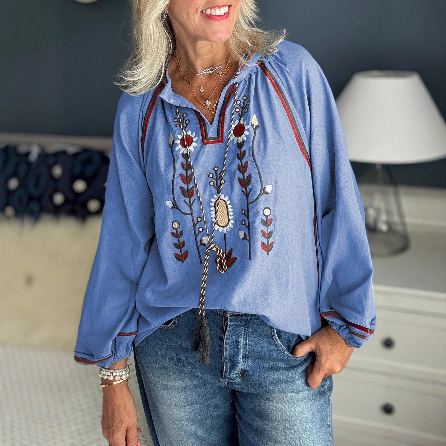 Women's Round Neck Embroidered Casual Chiffon Shirt