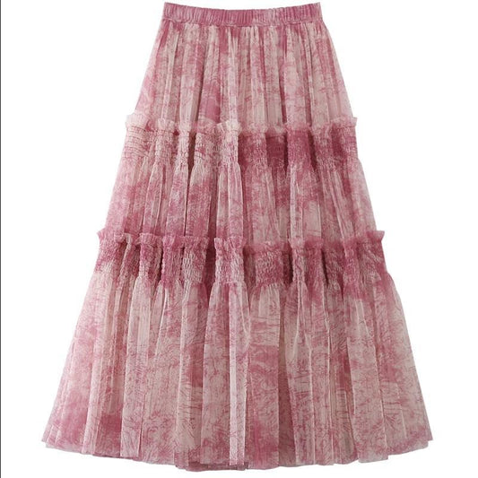 Ink Printing Skirt Elastic Waist Stitching Yarn
