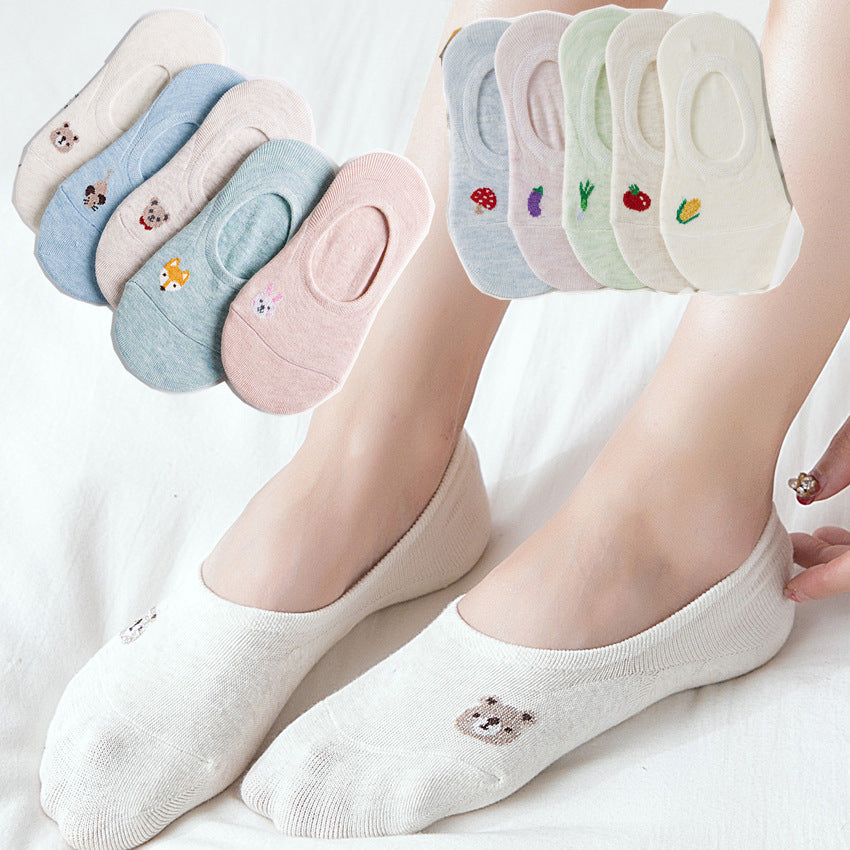 Women's Spring Animal Cartoon Vegetable Invisible Boat Socks Silicone