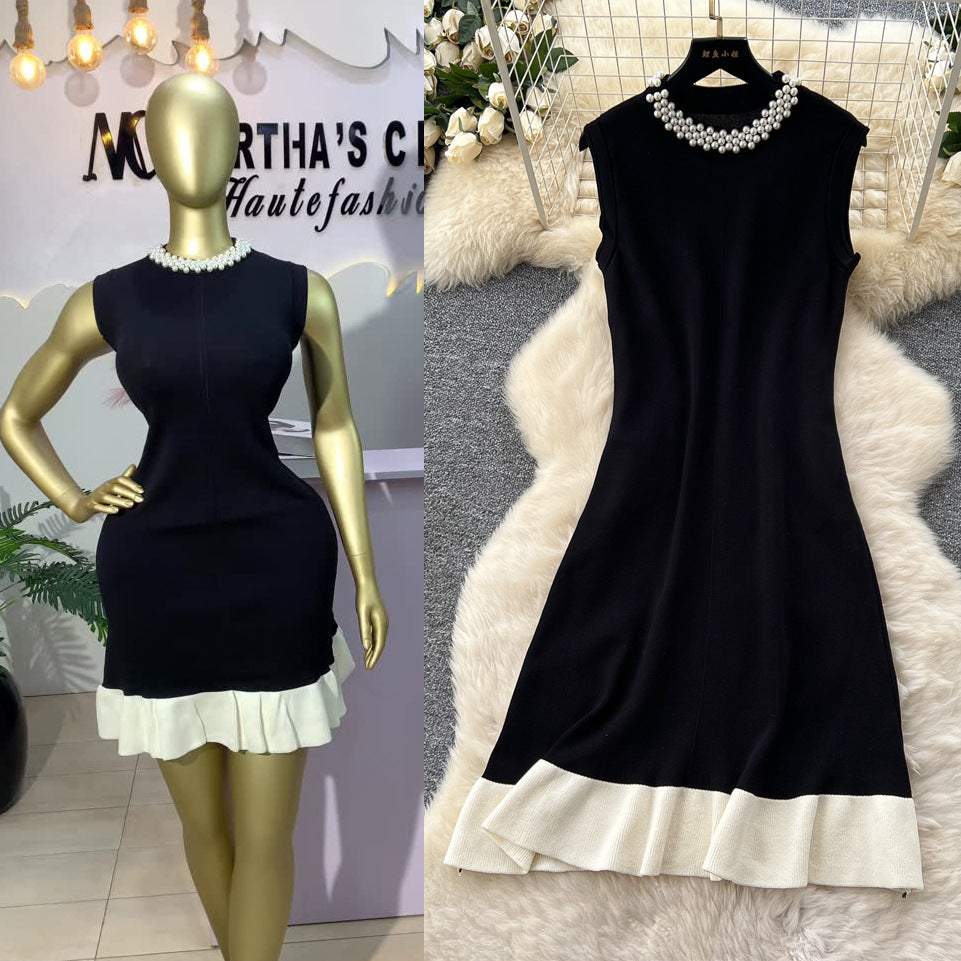 Beaded Crew Neck Sleeveless Flattering Knit Dress For Women In A Color Block Design