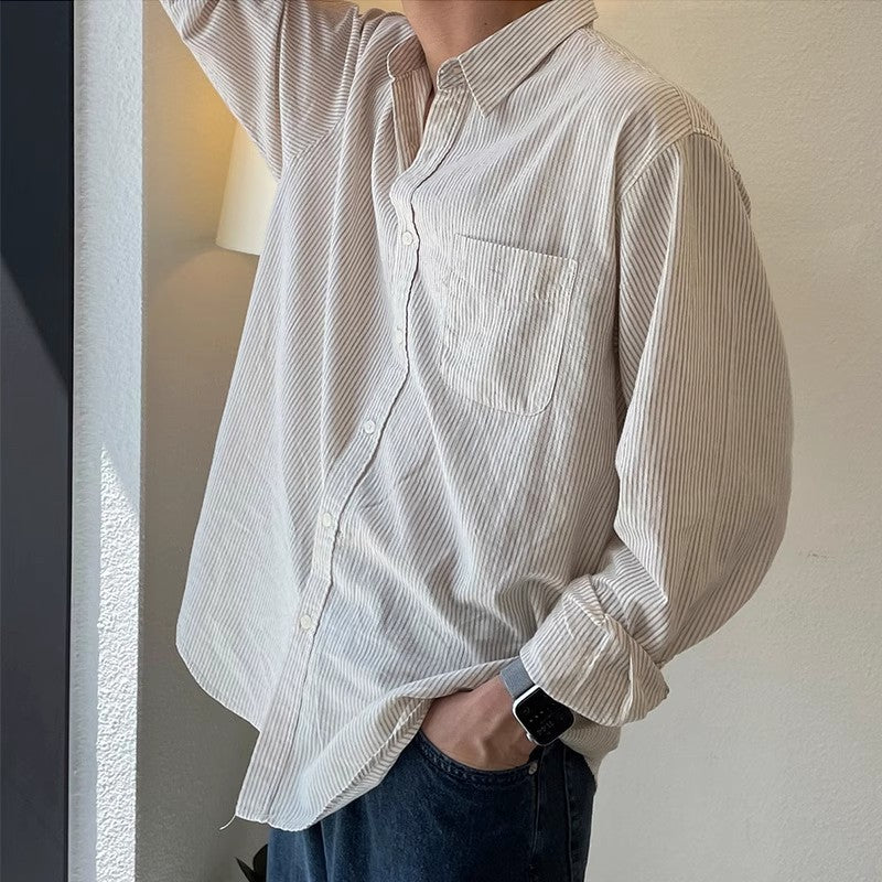 Mens Casual Loose-fitting Long-sleeve Striped Shirt