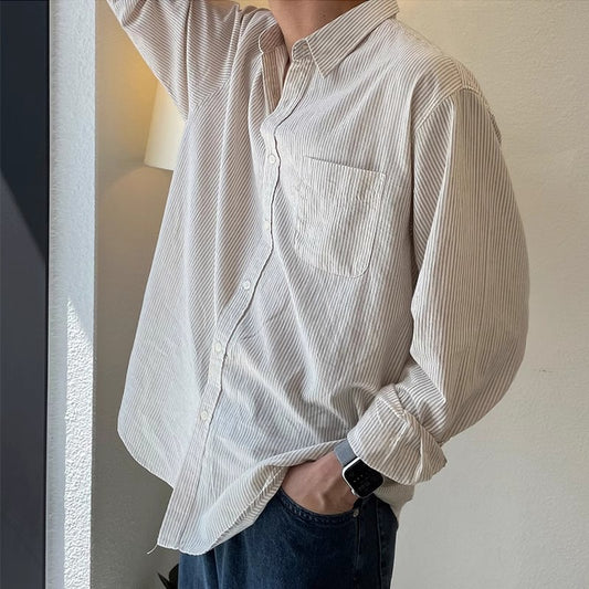 Mens Casual Loose-fitting Long-sleeve Striped Shirt