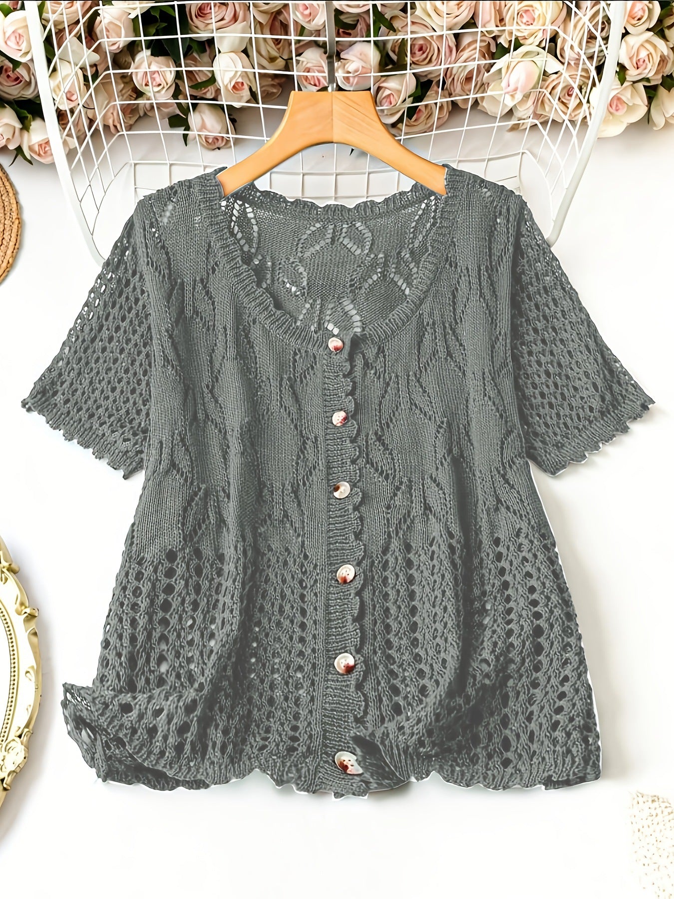 Women's Solid Color Hollow-out Button Short-sleeved Top