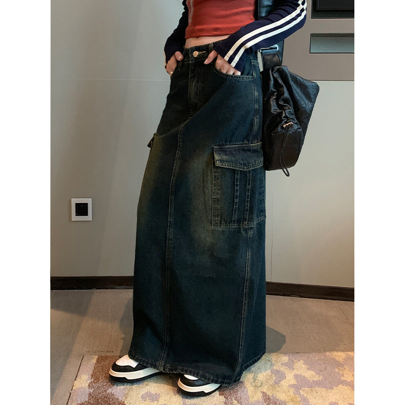 Large Pocket Design High Waist Mid-length Hip Skirt Heavy Industry Cement Yellow Do The Old Cowboy Skirt