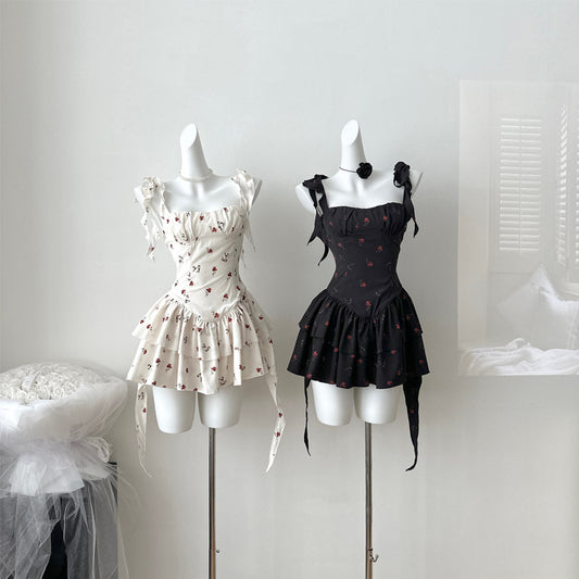 Women's French-style Floral Tea Break Waist Square Collar Suspender Skirt
