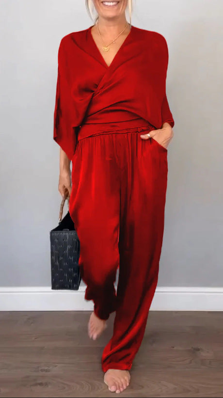 Womens Solid Color Satin Short Sleeve Top And Pants Set For Women