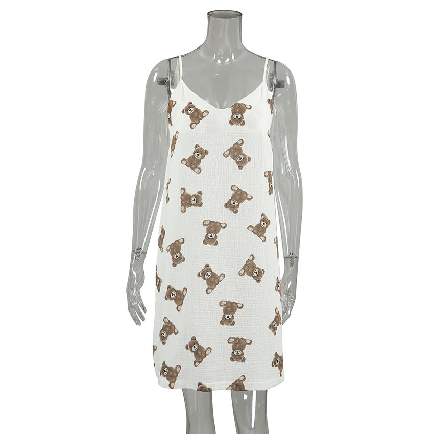 Little Bear Print Strap Short Nightdress For Women