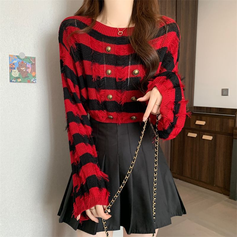 Striped French Tassel Design Sense Long Sleeve Short Top