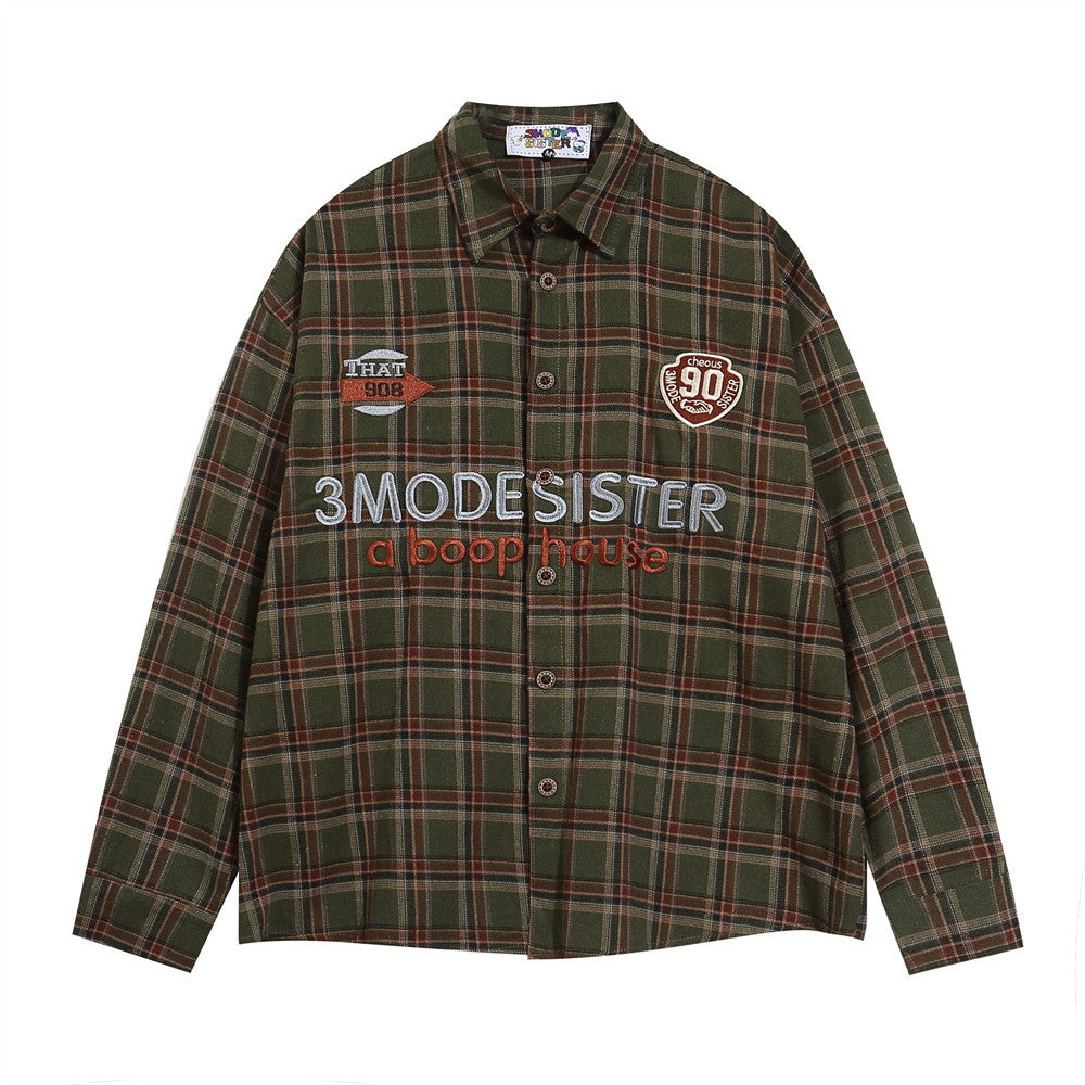 Letter Plaid Casual Polo Collar Shirt