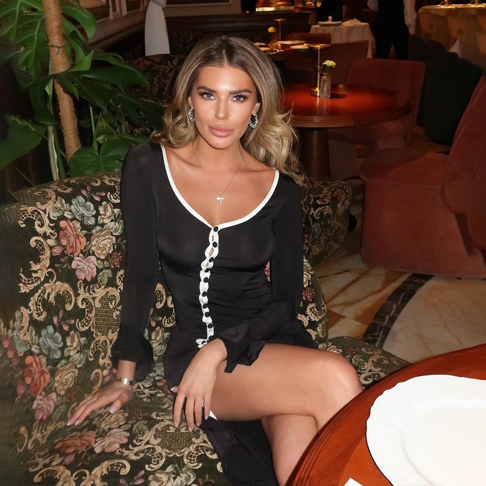 Womens High-Slit Ruffle-Trim Long-Sleeve Dress