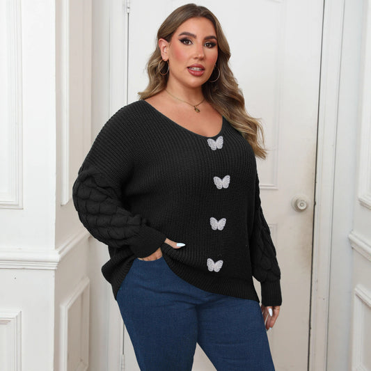 Plus Size Dame Ananas Ærme Sammenføjning Dybt V Vævet Blonde Sommerfugletrøje