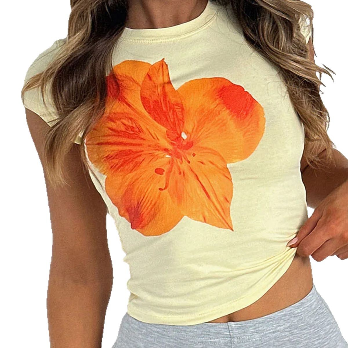 Polyester Casual Slanktsiddende Talje Blomstermønstret Kortærmet T-shirt til Kvinder