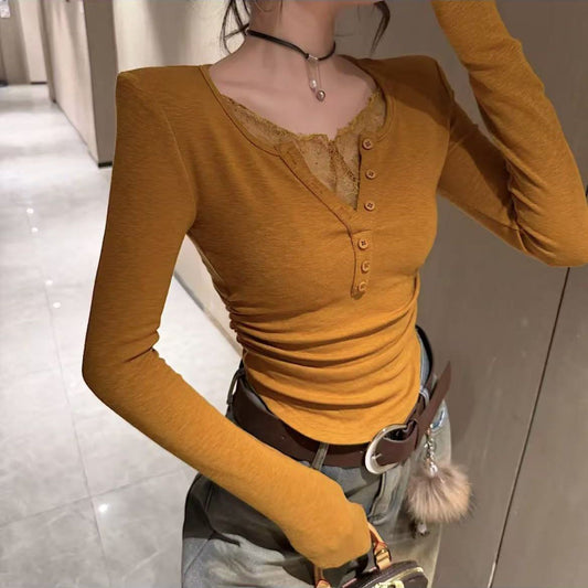 Buttoned V-neck Patchwork Lace T-Shirt Base Layer