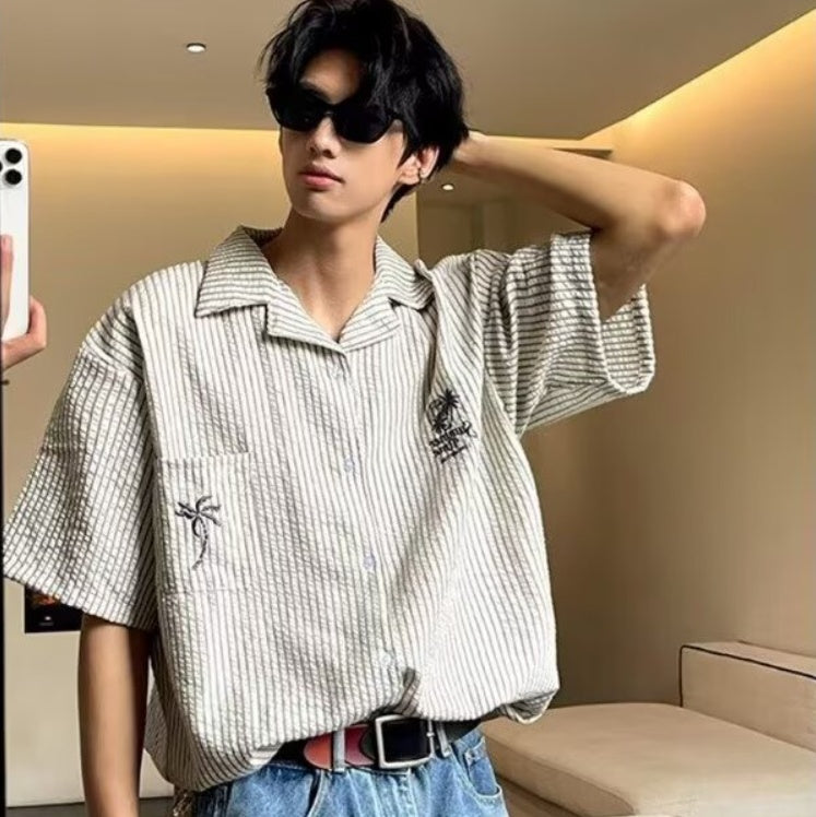 Men's Coconut Tree Embroidered Niche Design Casual Loose-fit Shirt