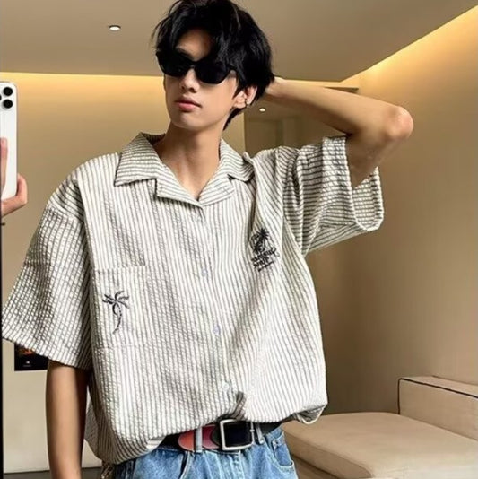 Men's Coconut Tree Embroidered Niche Design Casual Loose-fit Shirt