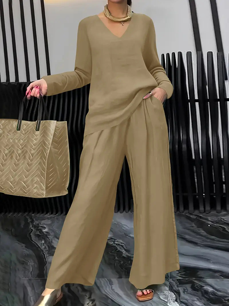 Womens Solid Color Casual Travel Set With Long Sleeves