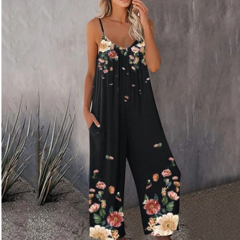 Summer New Style Cross-border Foreign Trade Printed Pocket Casual Jumpsuit
