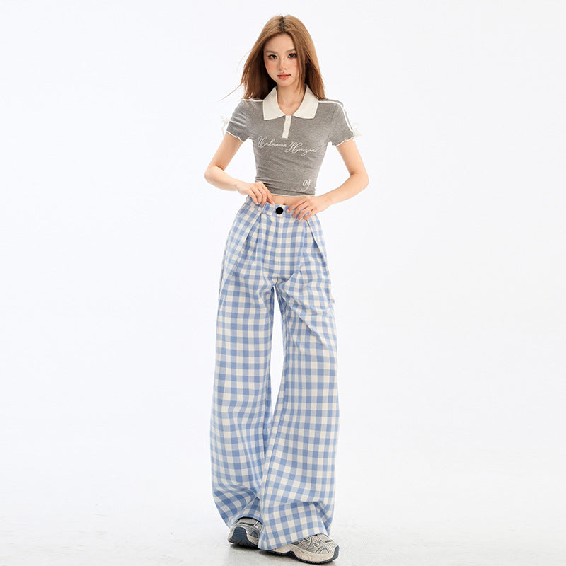 Blue Plaid Womens Loose-fitting Straight-leg Casual Pants