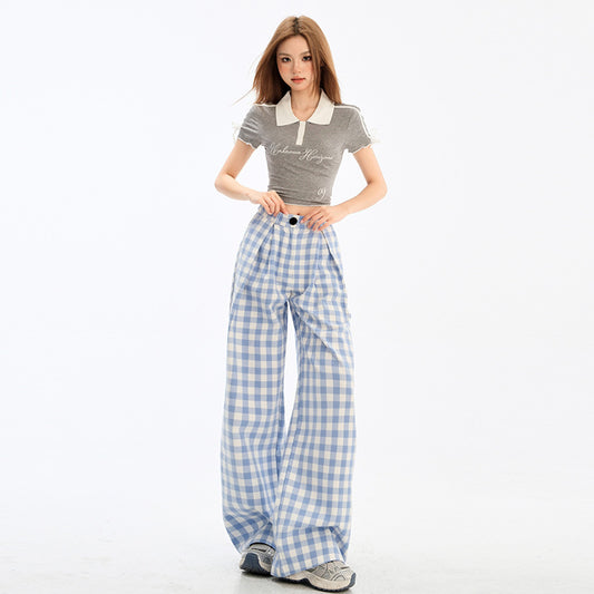 Blue Plaid Womens Loose-fitting Straight-leg Casual Pants