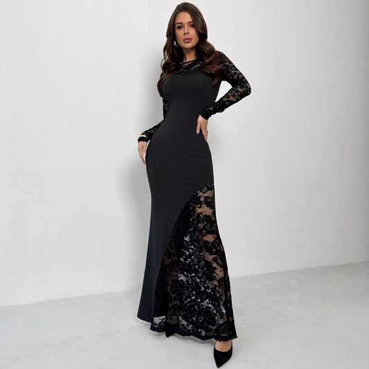 Womens Solid-Color Lace-Panel Long-Sleeve Dress