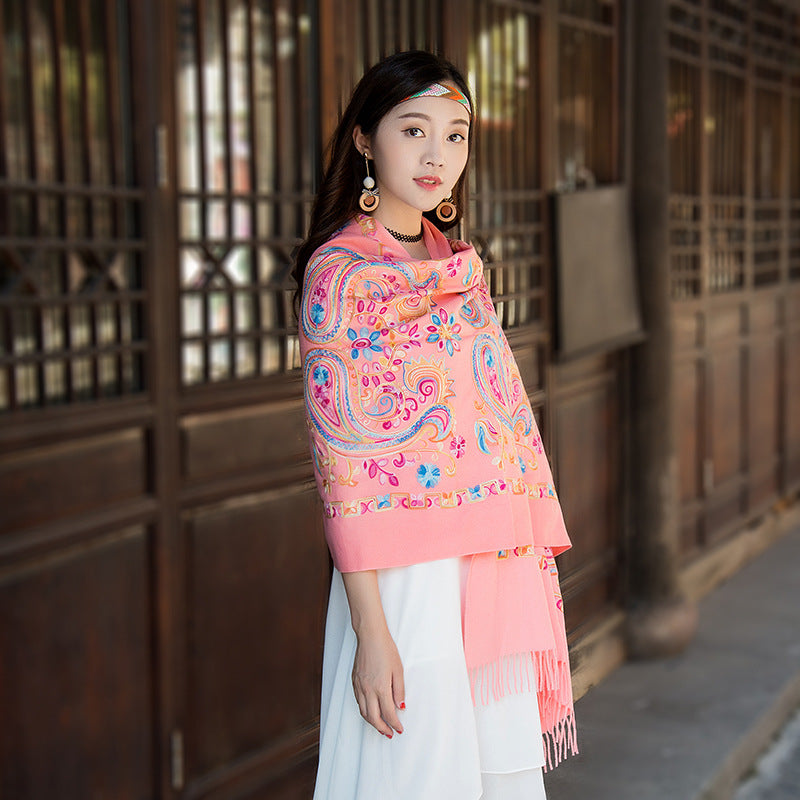Embroidered Ethnic-Style Great Wall Cashew-Pattern Embroidery Cashmere Scarf