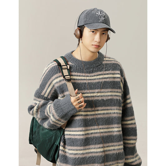 Japanese-style Retro Contrast Color Striped Round Neck Sweater Men's Autumn And Winter