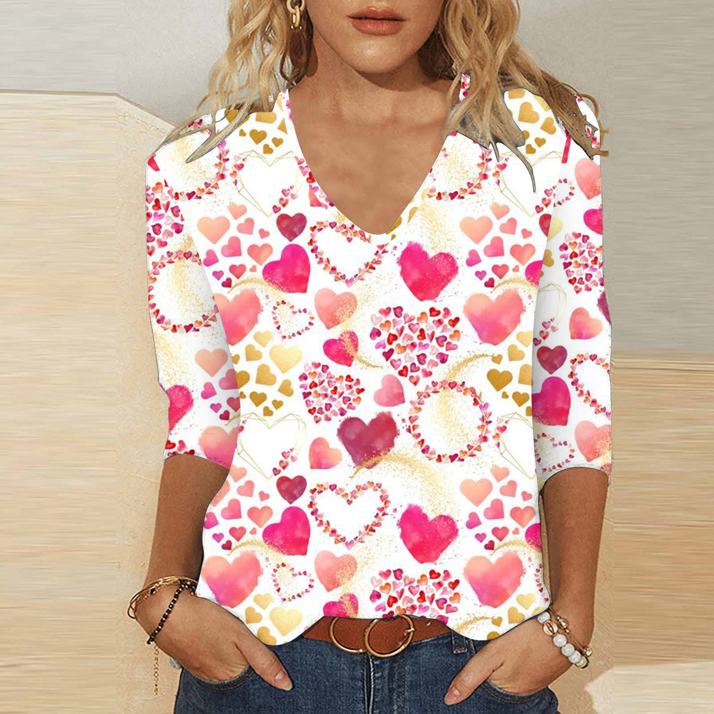 3D digitaltryk Valentinsdag Hjerteprint Kvinders søde afslappede løse V-hals 3/4-ærmet T-shirt