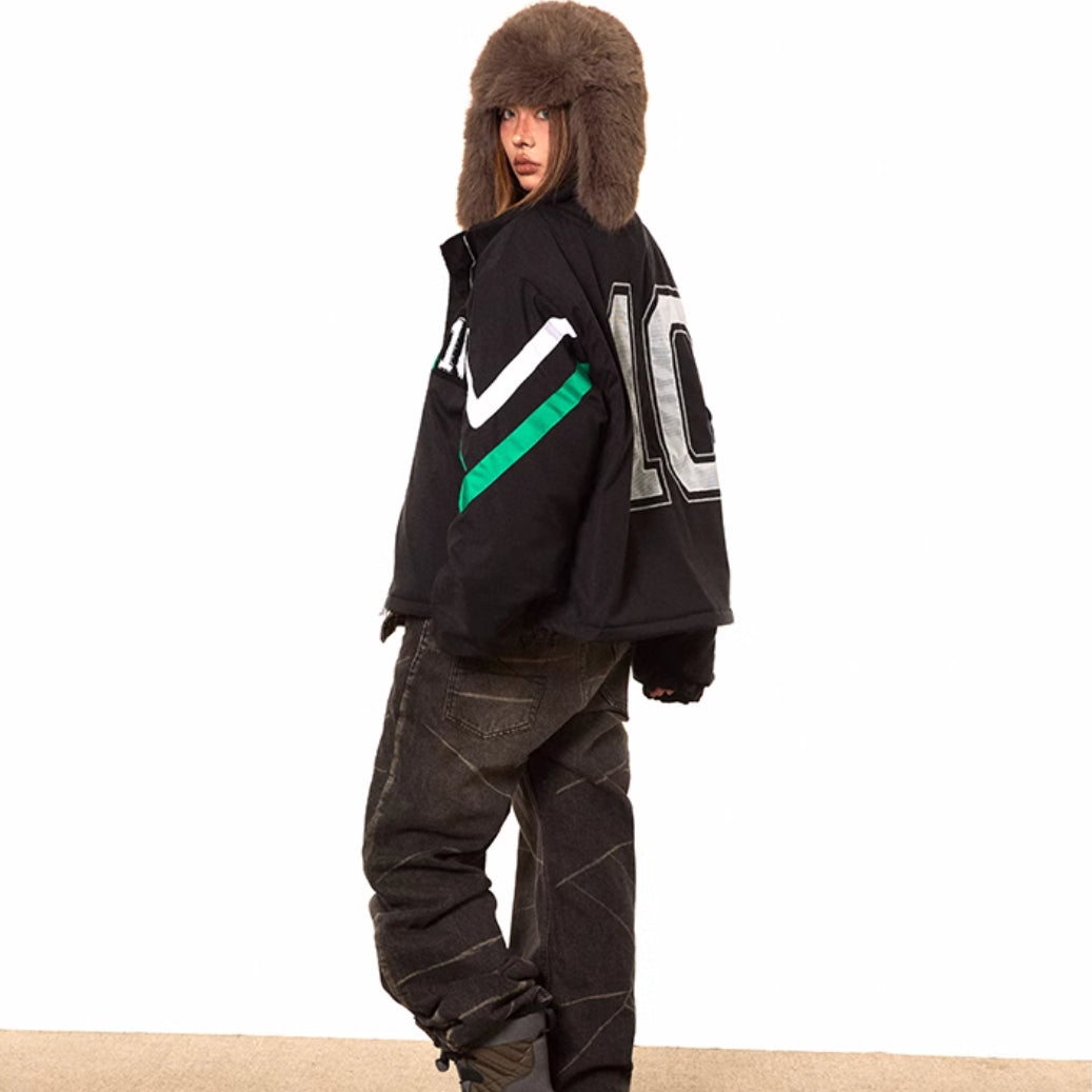 Contrast Color Striped Retro Cotton Coat Puffer Jacket