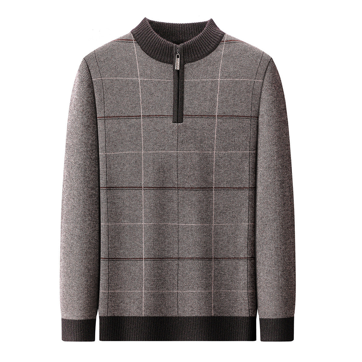 Mens Stylish Plaid Half-zip Knit Sweater