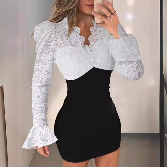 New Arrival Fitted V-Neck Lace-Patchwork Wrap Dress