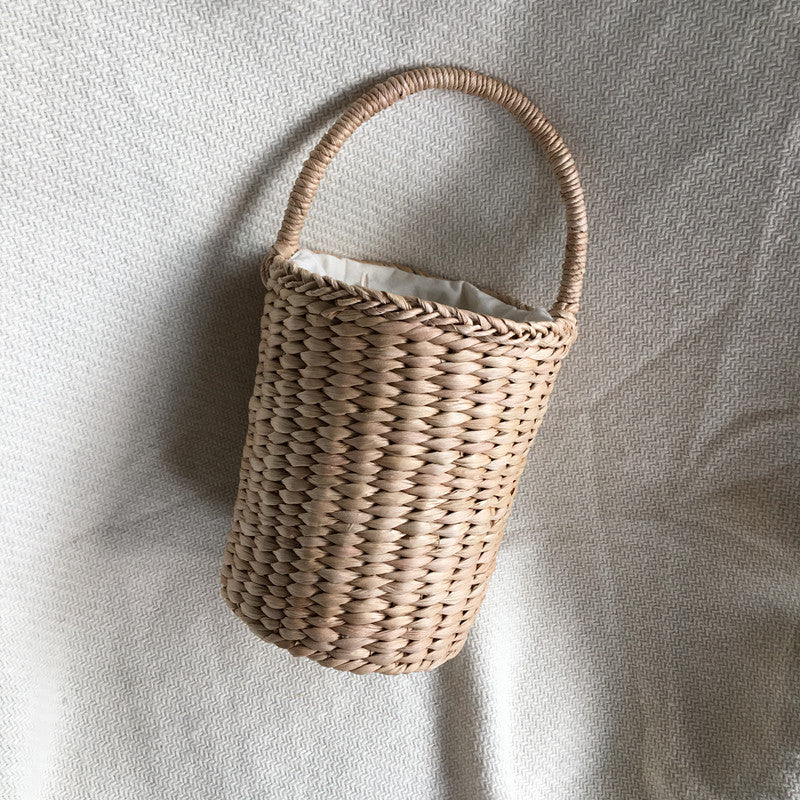 Cylinder Corn Husk Hand Carry Summer Bag Women's Vacation Travel Bucket