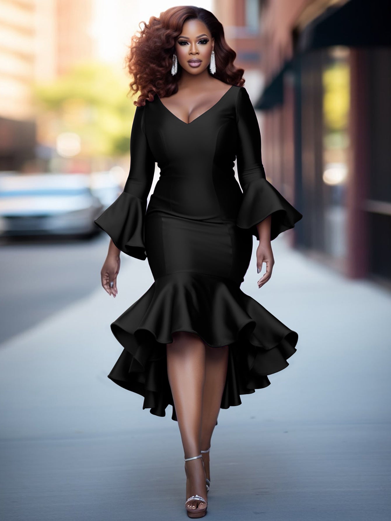 Womens Flared Sleeve Long-Sleeve V-Neck Plus-Size Dress