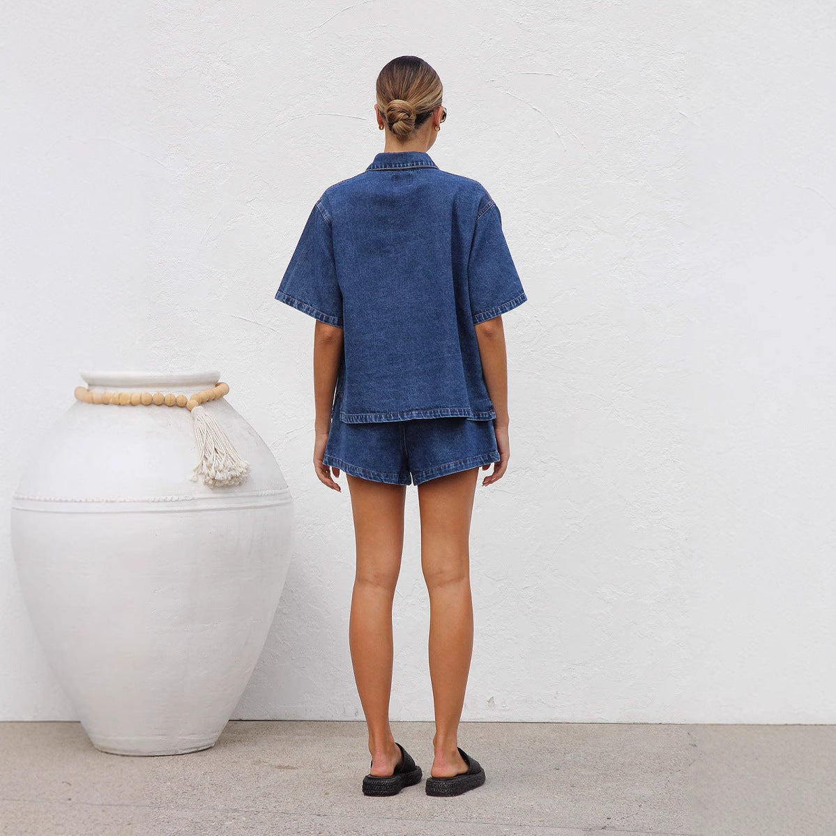 Retro Casual Loose Short-Sleeve Shirt And Shorts Denim Two-Piece Set