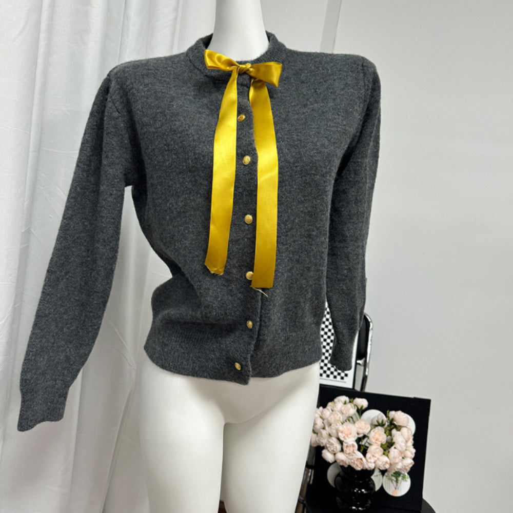 Bow Ribbon Sweet Gentle Small Golden Button Sweater