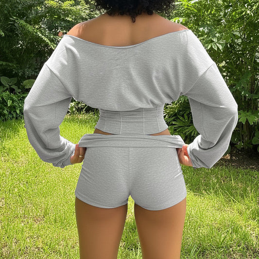 Womens Fashionable Simple Casual Off-Shoulder Long-Sleeve Set