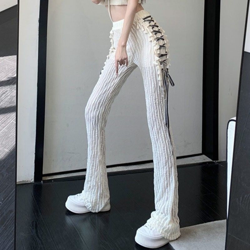 Side Lace-up Micro Flare Pants For Women
