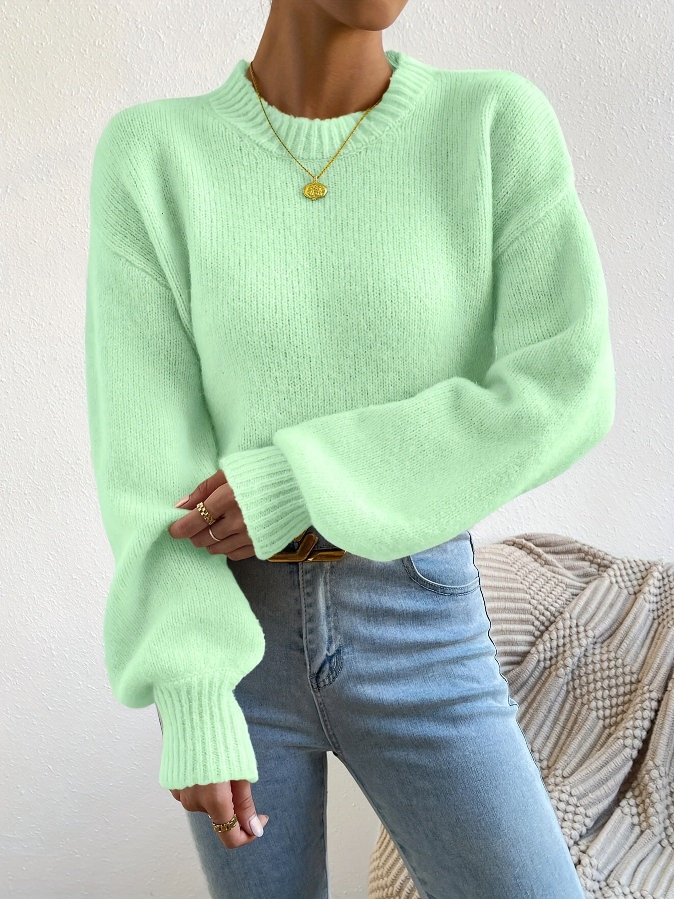 Round Neck Small Turtleneck Drop-shoulder Knitted Pullover