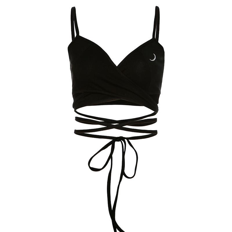 Moon Print Cross Strap Suspender Vest Short Style Crop Top For Women