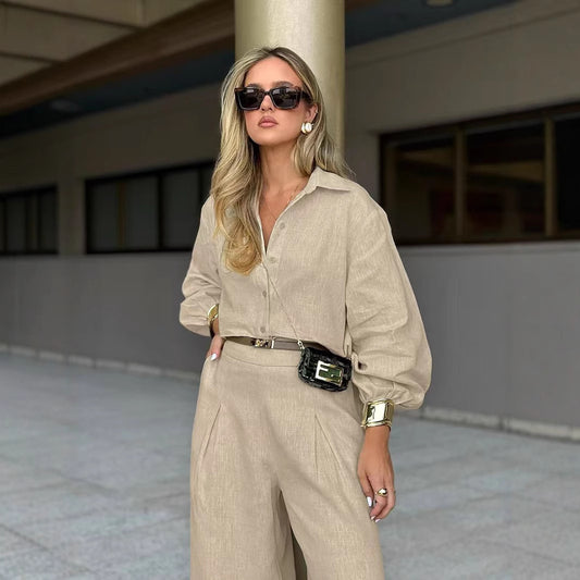 Womens Casual Khaki Cotton-Linen Two-Piece Set Loose-Fit Shirt And Wide-Leg Pants