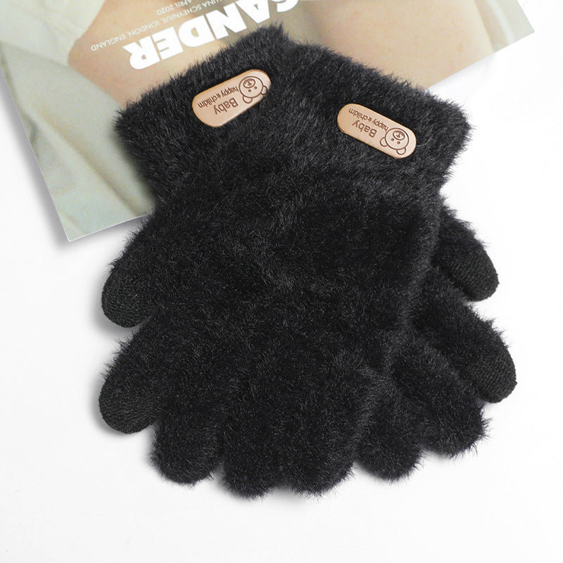 Autumn And Winter Contrast Color Cute Plus Velvet Knitted Gloves Women