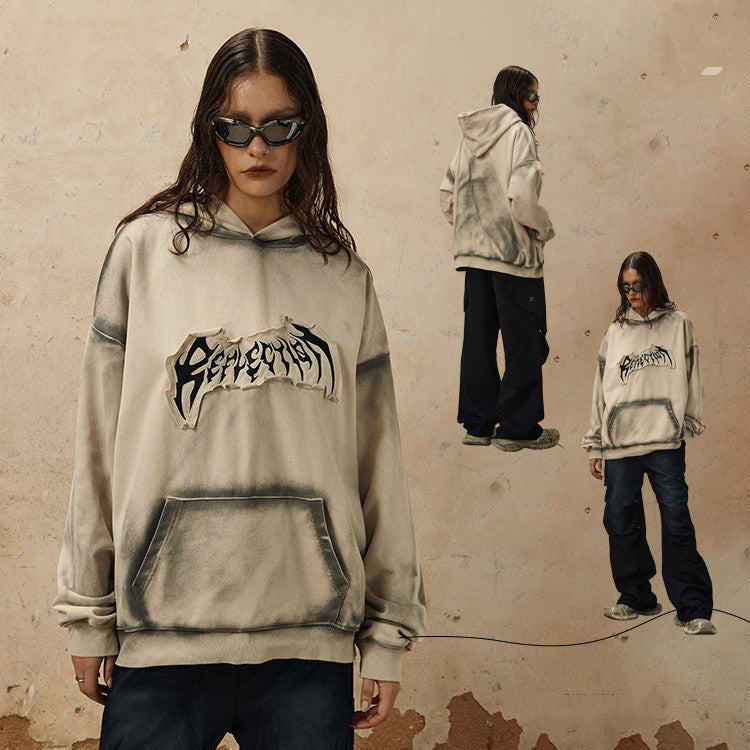 Embroidered Frayed Hem Design Hoodie Trendy Sweater