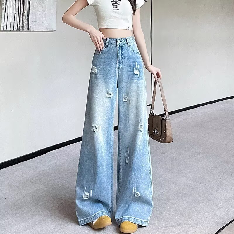Womens Trendy Loose-fit Ripped Wide-leg Jeans