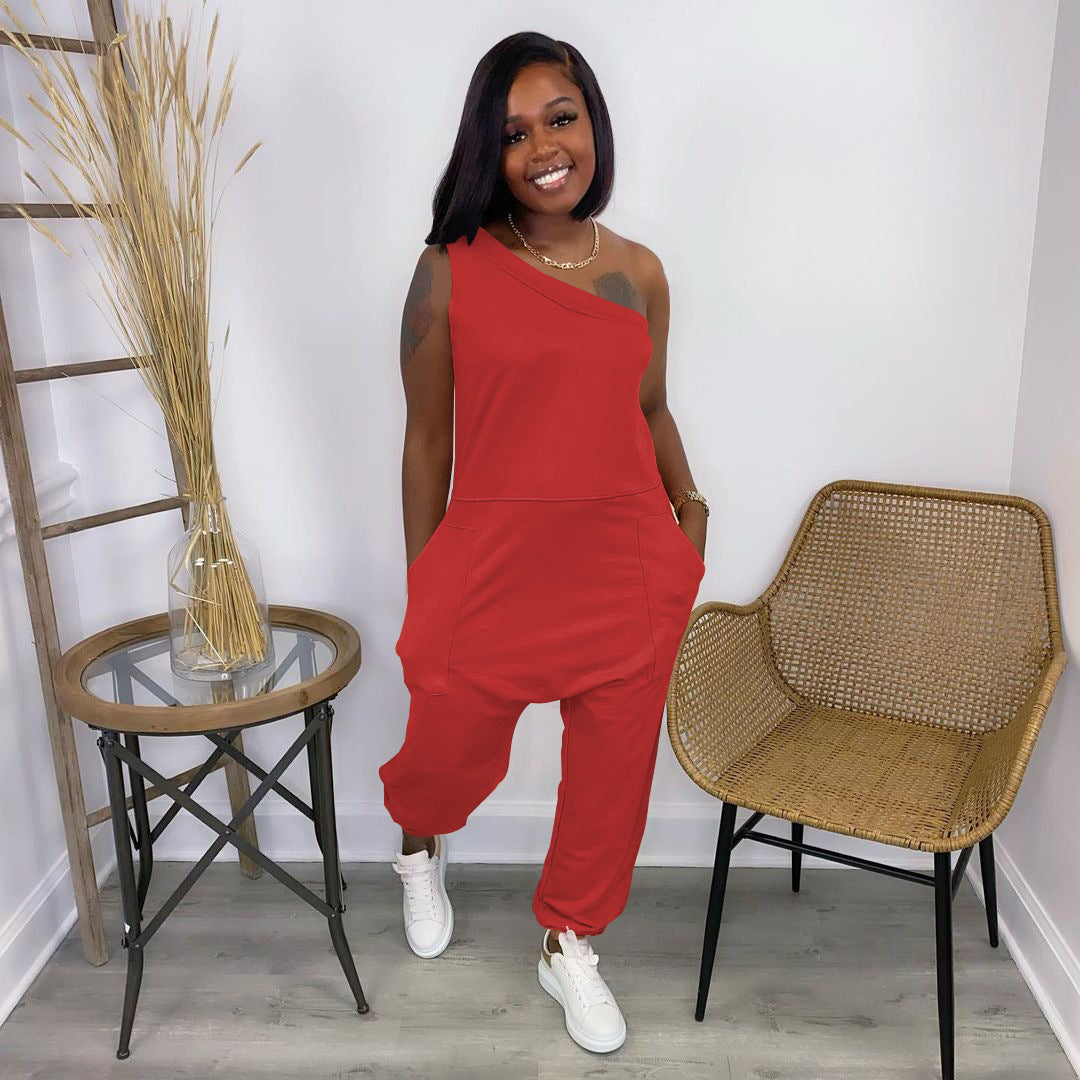 Women's Loose Street Sloping-shoulder Off The-shoulder Pocket Long Sports Jumpsuit
